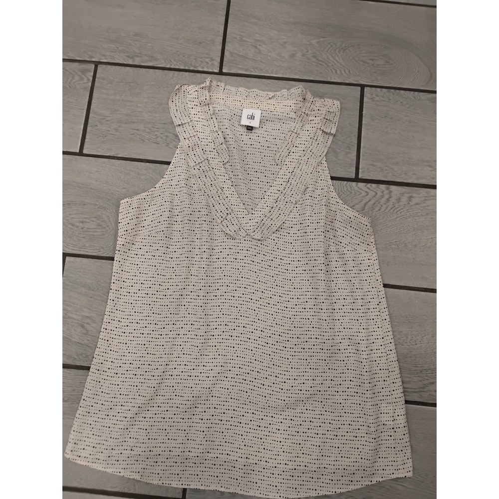 Cabi Cream Black Polka Dot Ruffle V-Neck Sleeveless Blouse Top 4179 Small